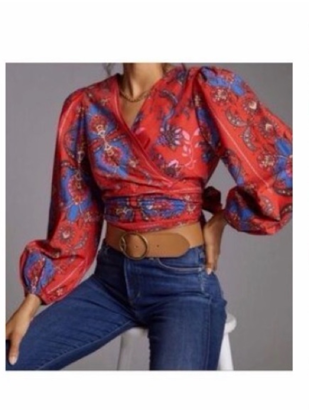 Anthropologie Vibrant Red Floral Wrap Blouse with Blue Accents, Backless